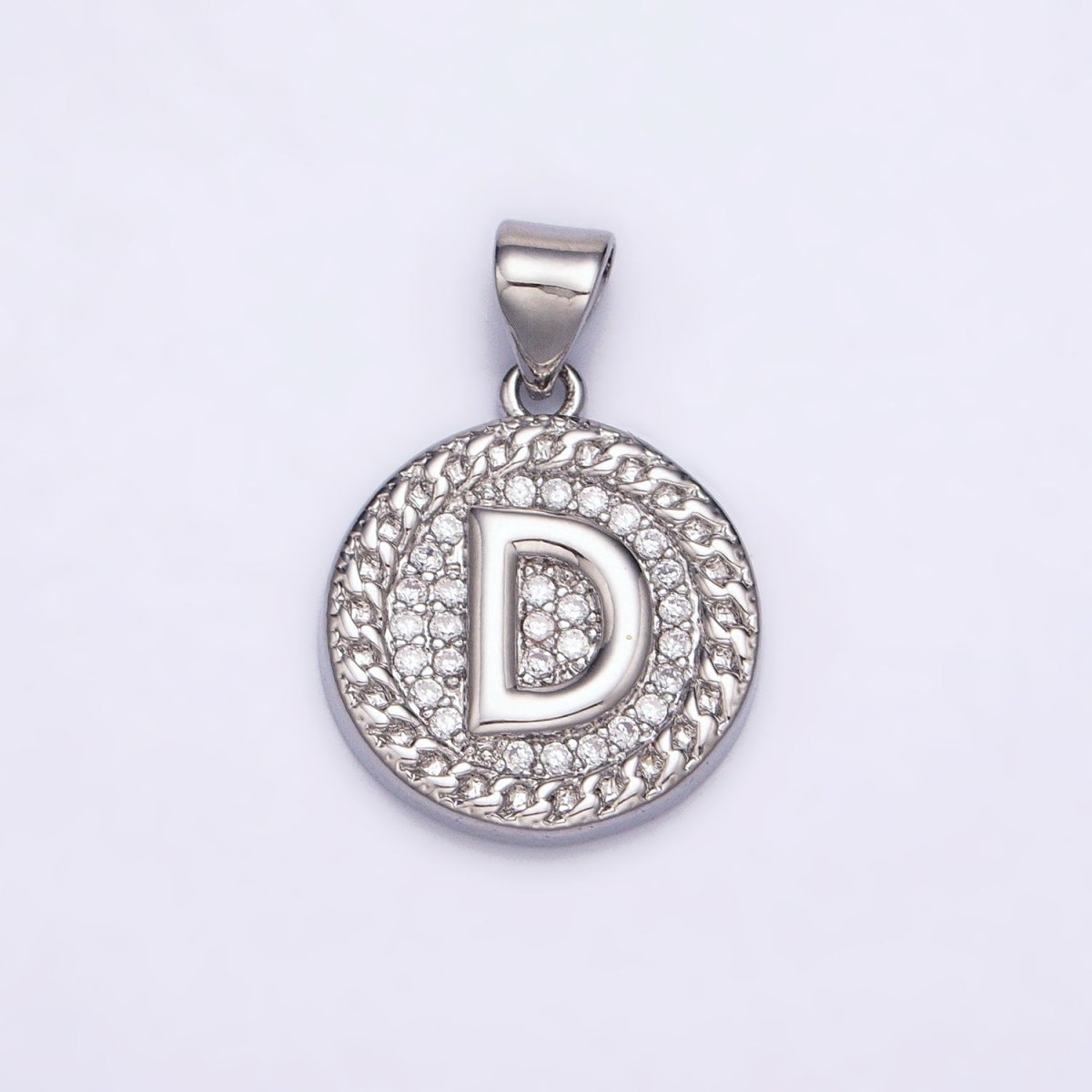 White Gold Filled Initial Letter A-Z Micro Paved Curb Link Round Coin Pendant | A-455-A-467