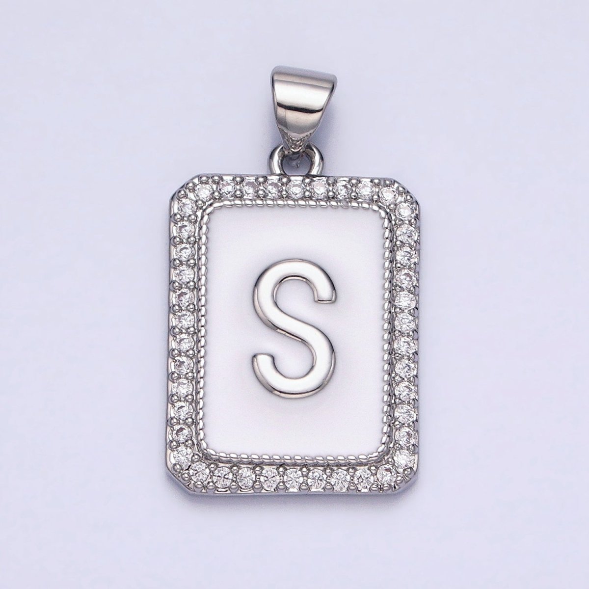 White Gold Filled Initial Letter A-Z White Enamel Micro Paved CZ Personalized Tag Pendant | A-559-A-571
