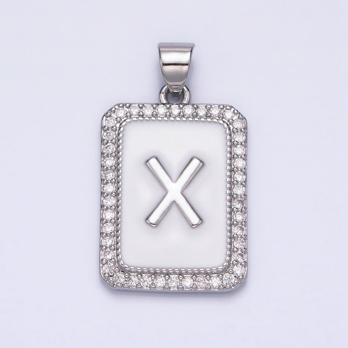 White Gold Filled Initial Letter A-Z White Enamel Micro Paved CZ Personalized Tag Pendant | A-559-A-571