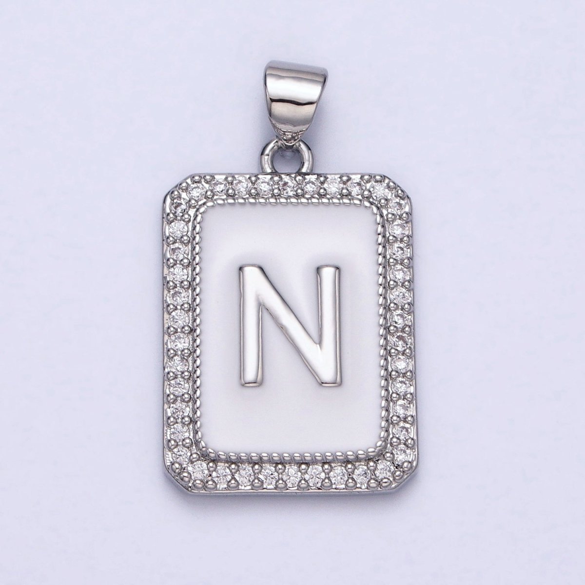 White Gold Filled Initial Letter A-Z White Enamel Micro Paved CZ Personalized Tag Pendant | A-559-A-571