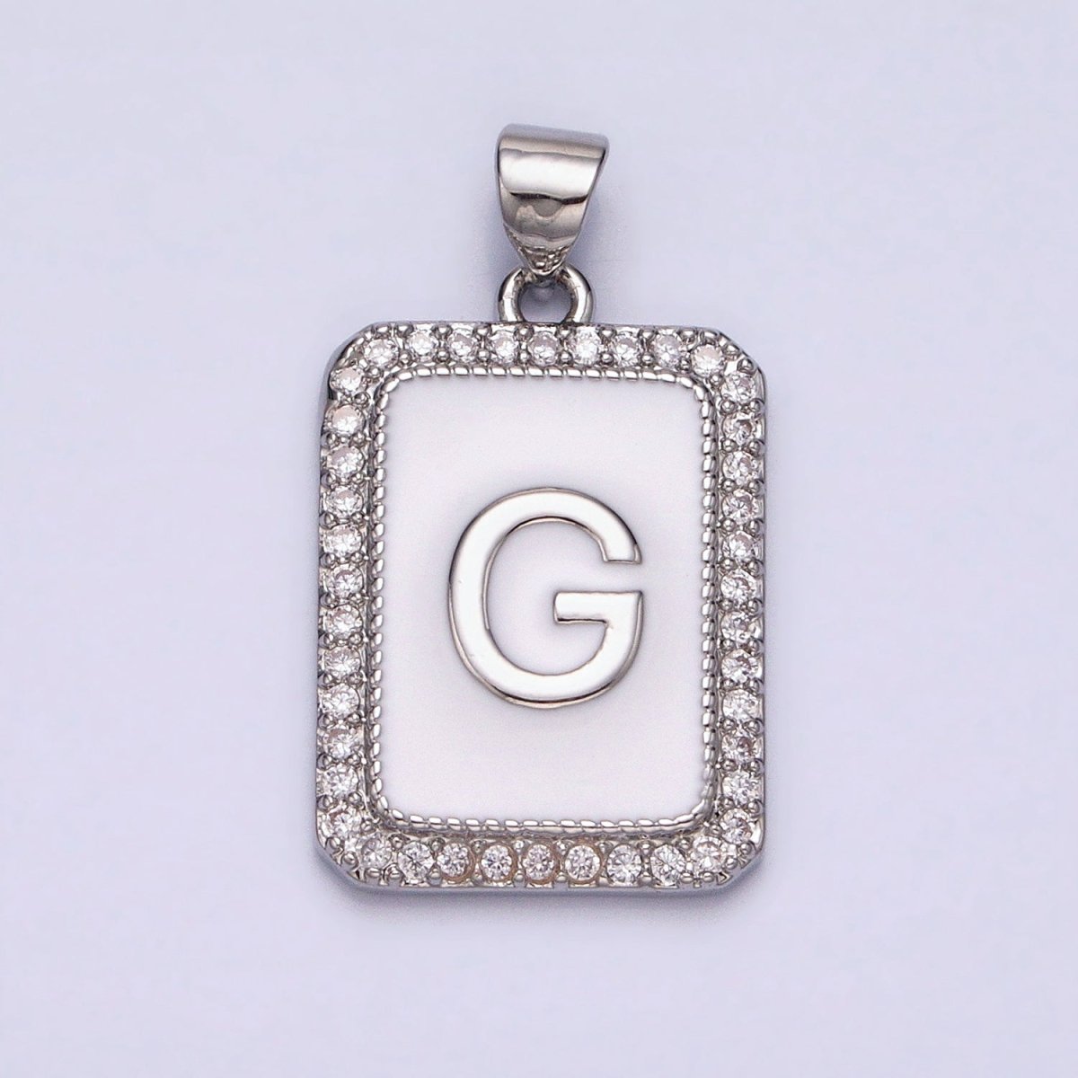 White Gold Filled Initial Letter A-Z White Enamel Micro Paved CZ Personalized Tag Pendant | A-559-A-571