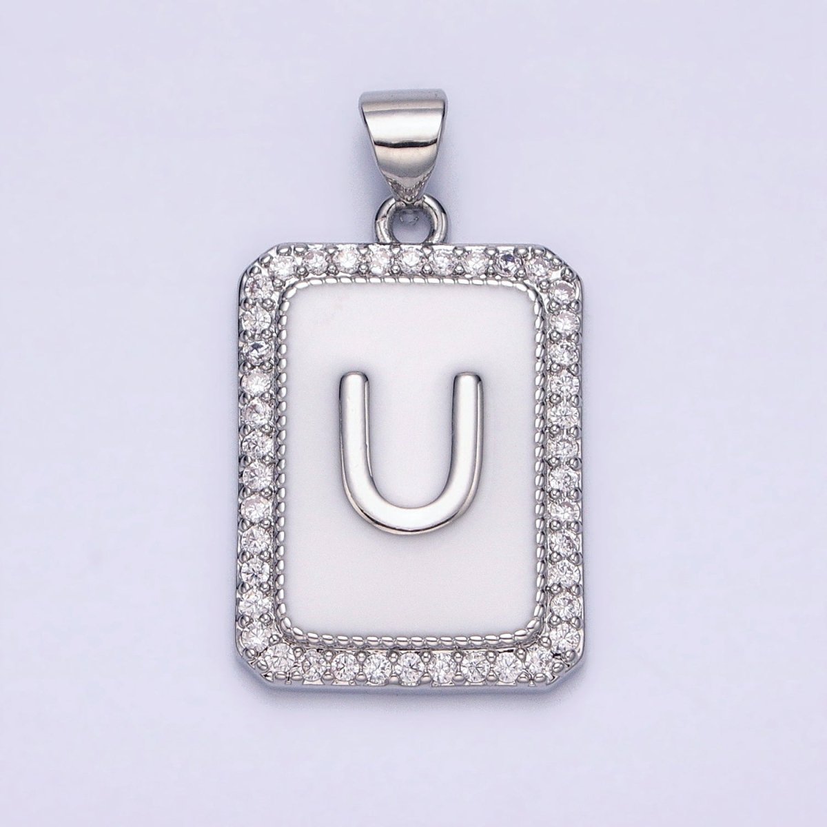 White Gold Filled Initial Letter A-Z White Enamel Micro Paved CZ Personalized Tag Pendant | A-559-A-571