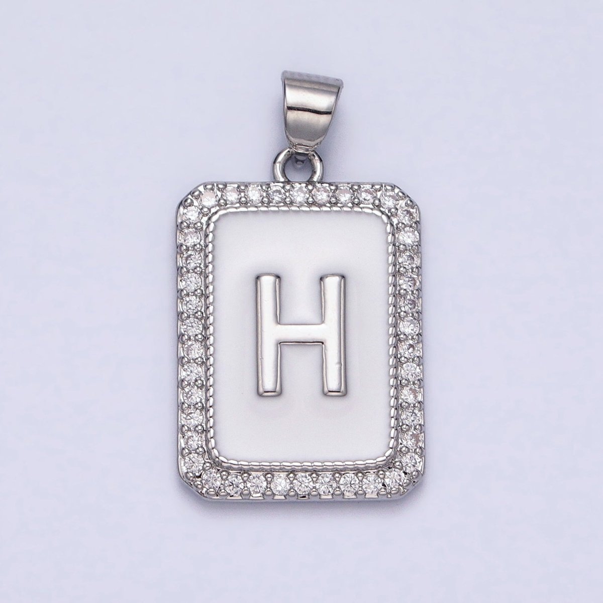 White Gold Filled Initial Letter A-Z White Enamel Micro Paved CZ Personalized Tag Pendant | A-559-A-571