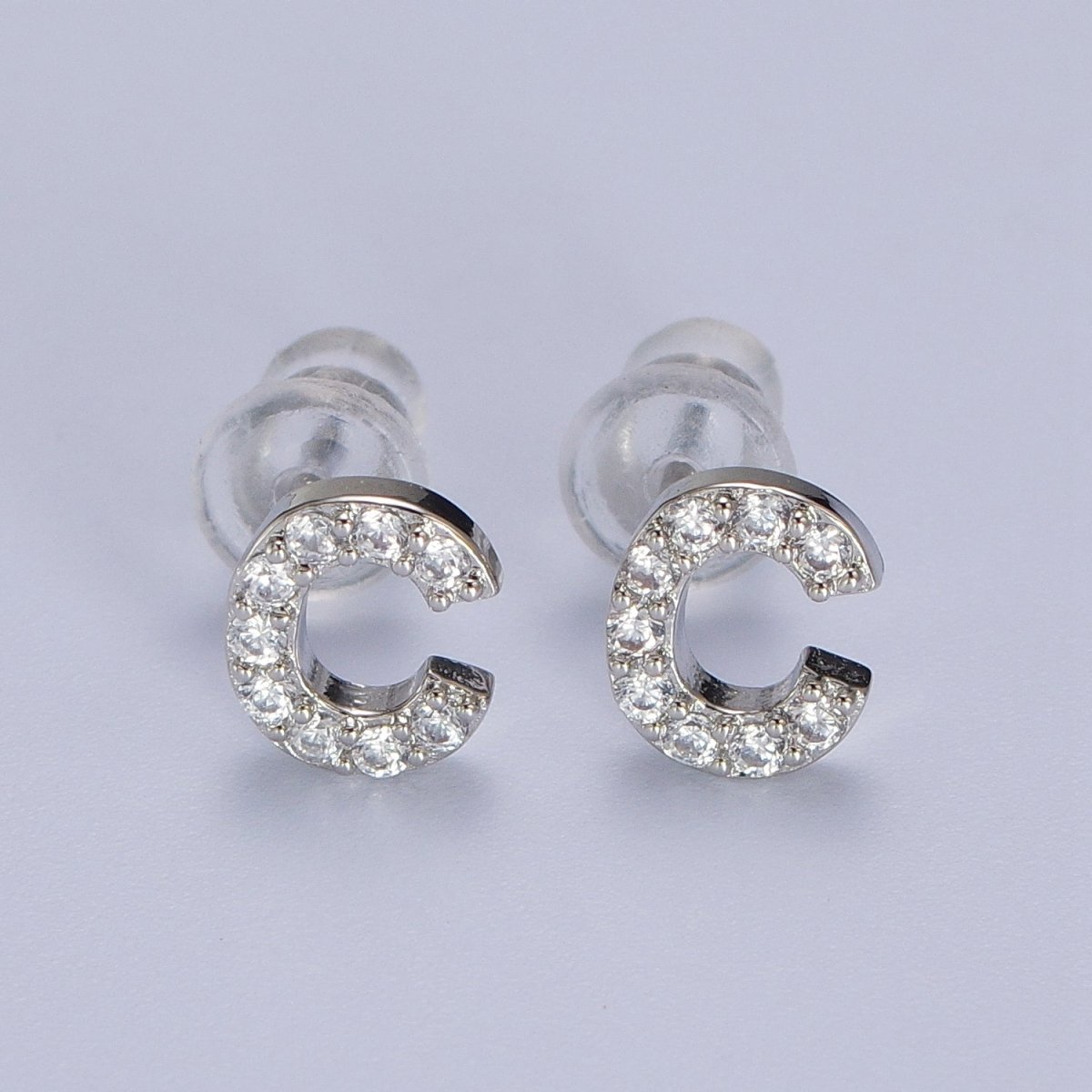 White Gold Filled Tiny Initial Letter Diamond CZ Silver Stud Earrings | AD-120-AD-145