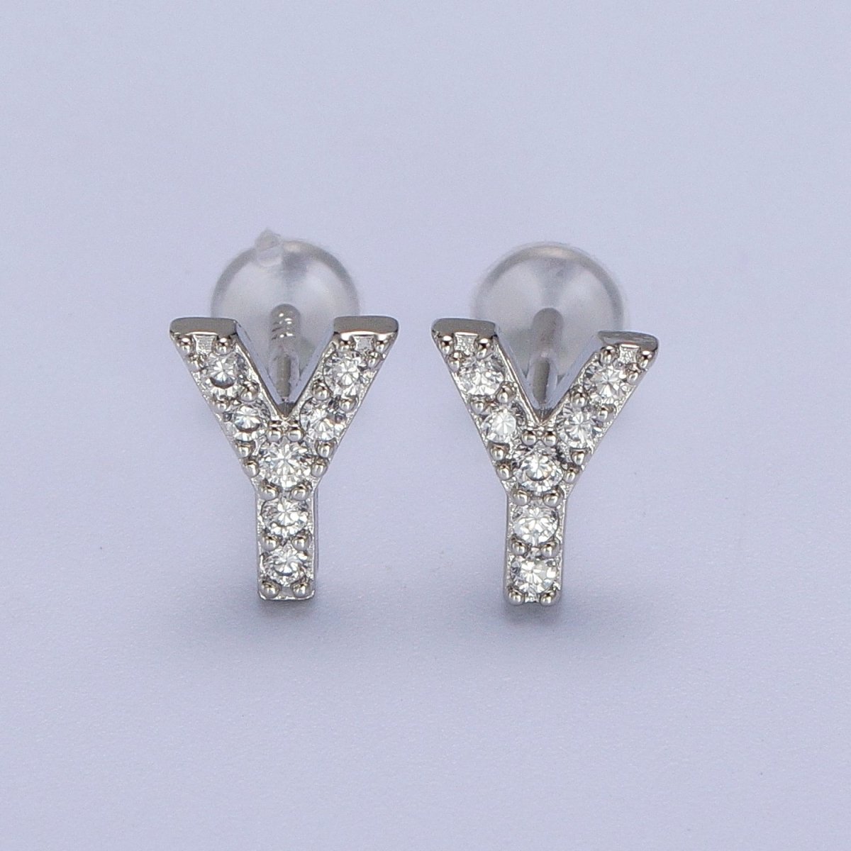 White Gold Filled Tiny Initial Letter Diamond CZ Silver Stud Earrings | AD-120-AD-145