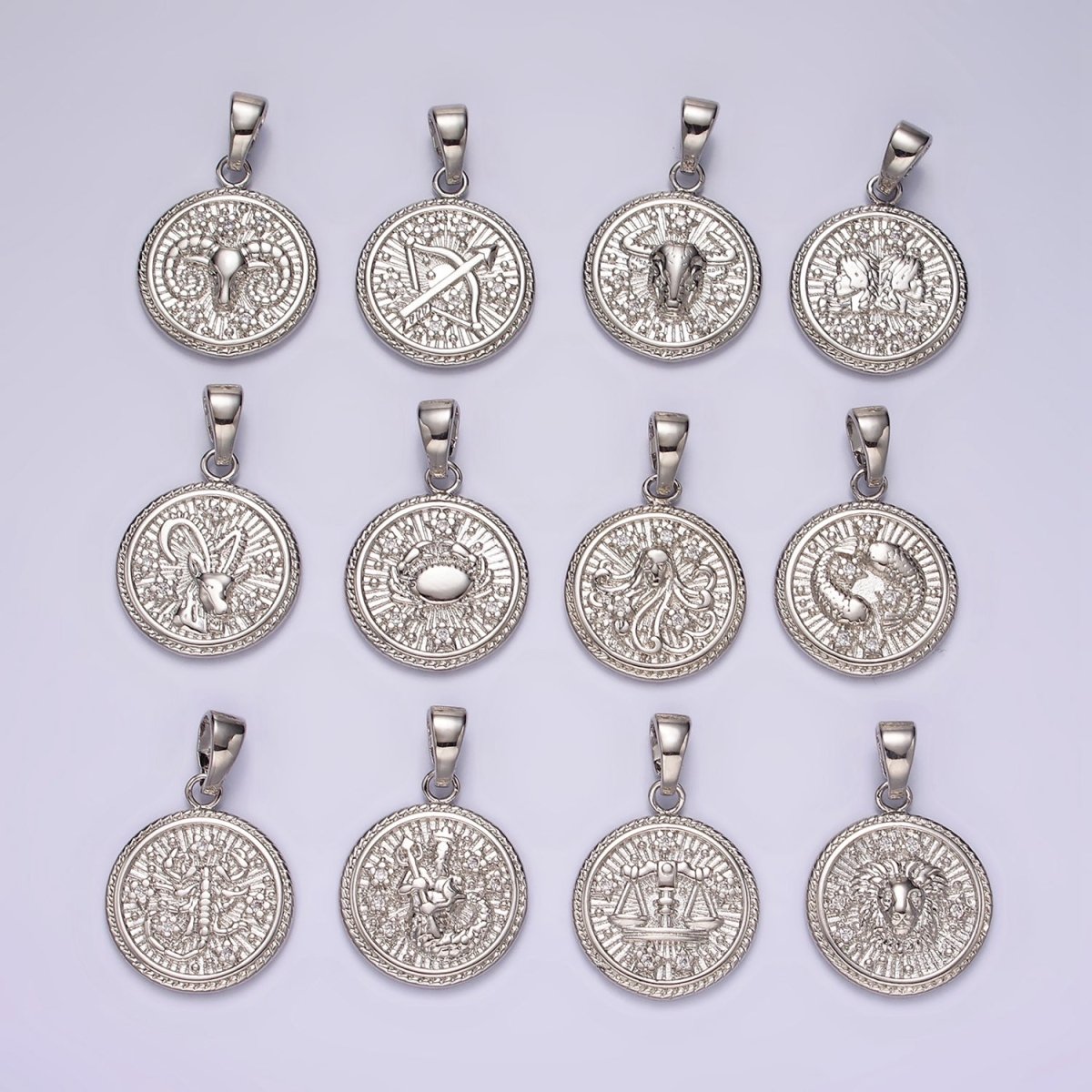 White Gold Filled Zodiac Sign Star CZ Medallion Personalized Pendant | A-A1701-A-A1706