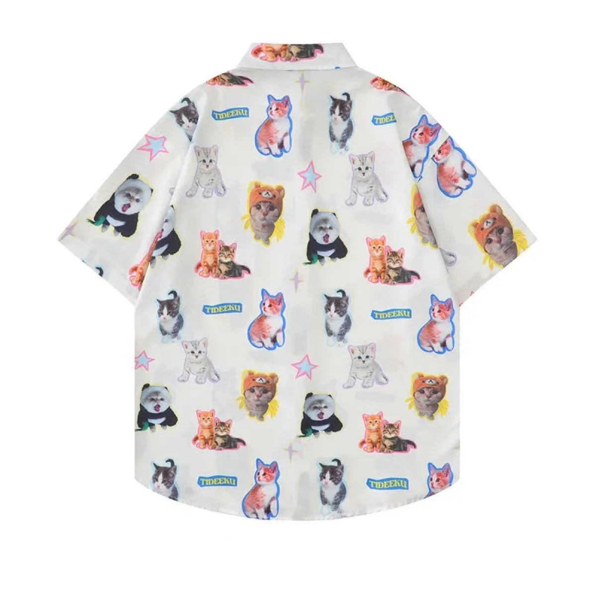 White Kawaii Cat Print Oversized Shirt – Harajuku Short Sleeve Blouse