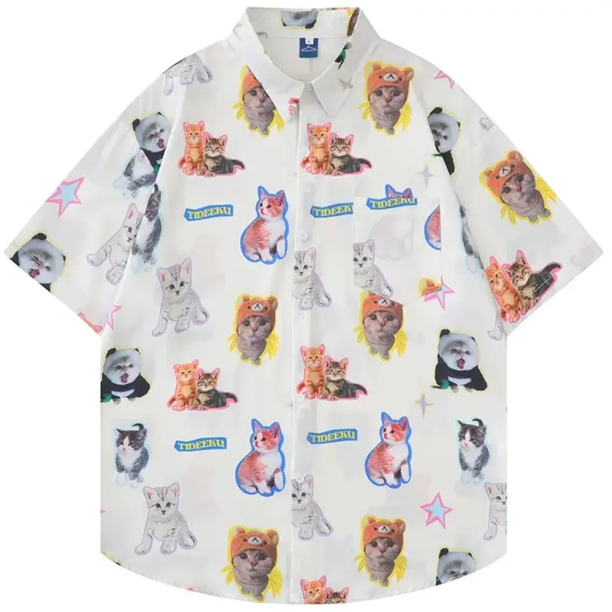 White Kawaii Cat Print Oversized Shirt – Harajuku Short Sleeve Blouse