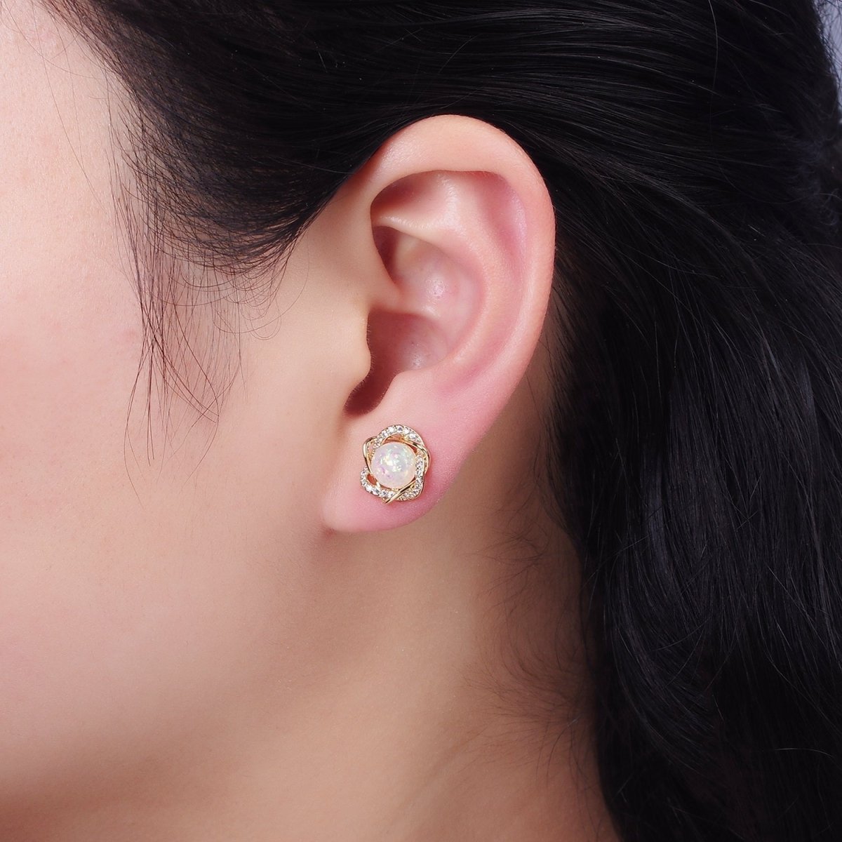 White Opal Curved Micro Paved Band Round Stud Earrings in Gold & Silver | V518