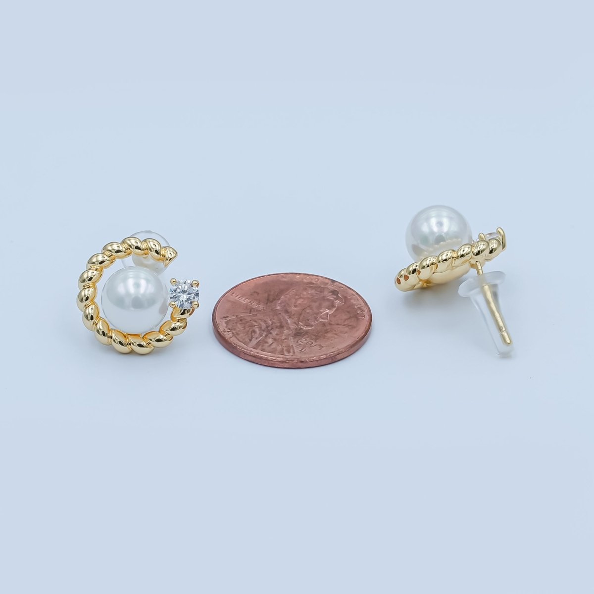 White Shell Pearl CZ Croissant C-Shaped Stud Earrings in Gold & Silver | AD1359 AD1360