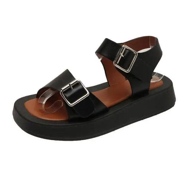 White Womans Sandals Flat Round Sandals Elegant Modern Buckle Strap Comfort Design
