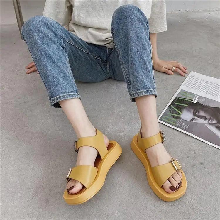 White Womans Sandals Flat Round Sandals Elegant Modern Buckle Strap Comfort Design
