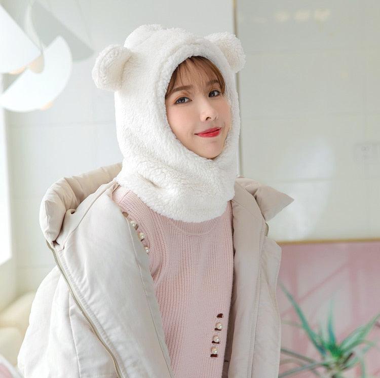 Winter Cute Bear Ears Warm Hat Windproof Neck Scarf Cap Student Women Plus Cashmere Cap Unisex Keep Warm Sports Beanies Knitted Headgear Face Hooded Cowl Neckerchief with Drawstring Soft Balaclava Pullover Knitted Beanie