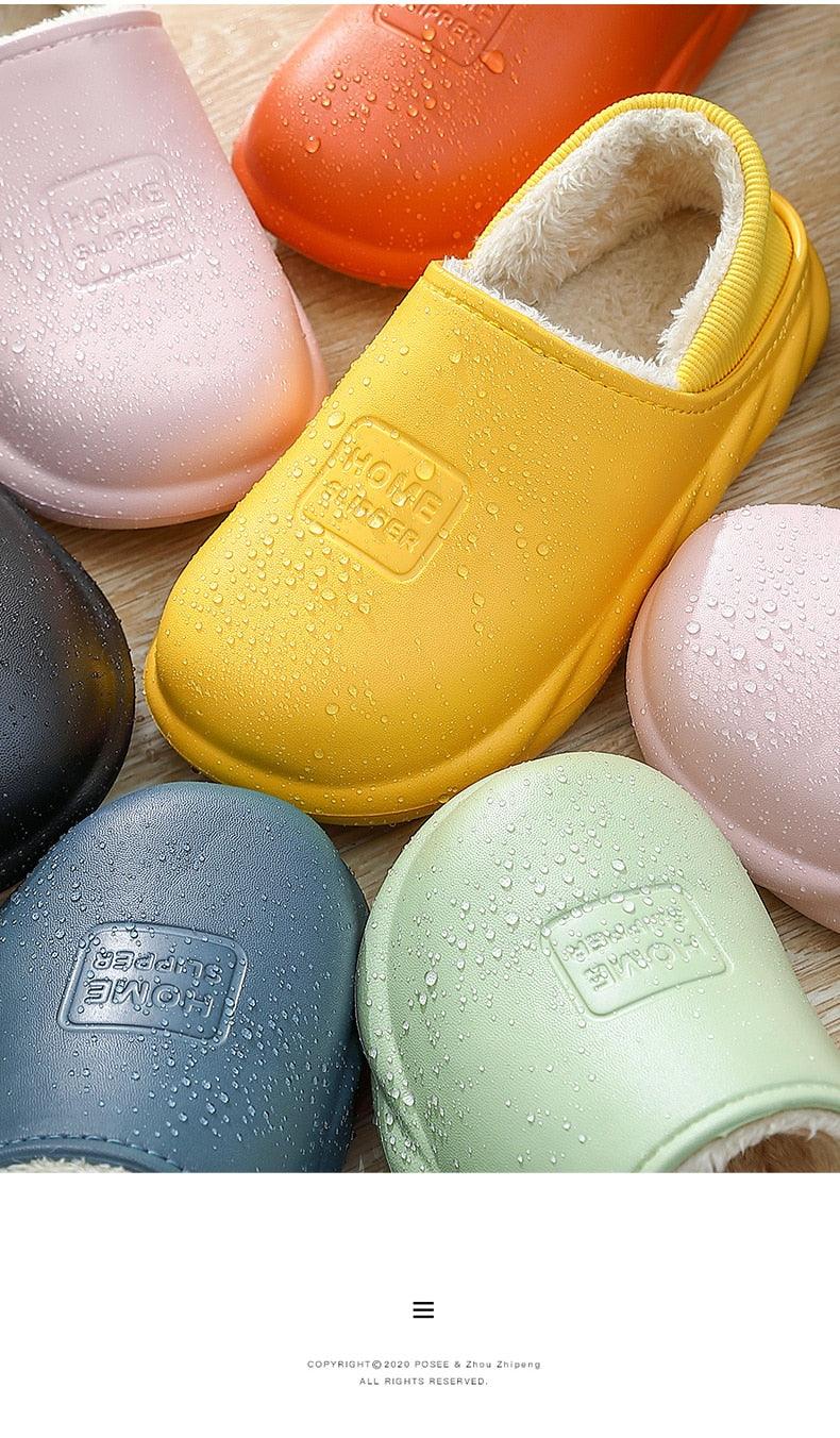 Winter Waterproof Home Slippers Womens New Plush Warm House Soft Slippers Non-Slip Memory Foam Couples Shoes Women&