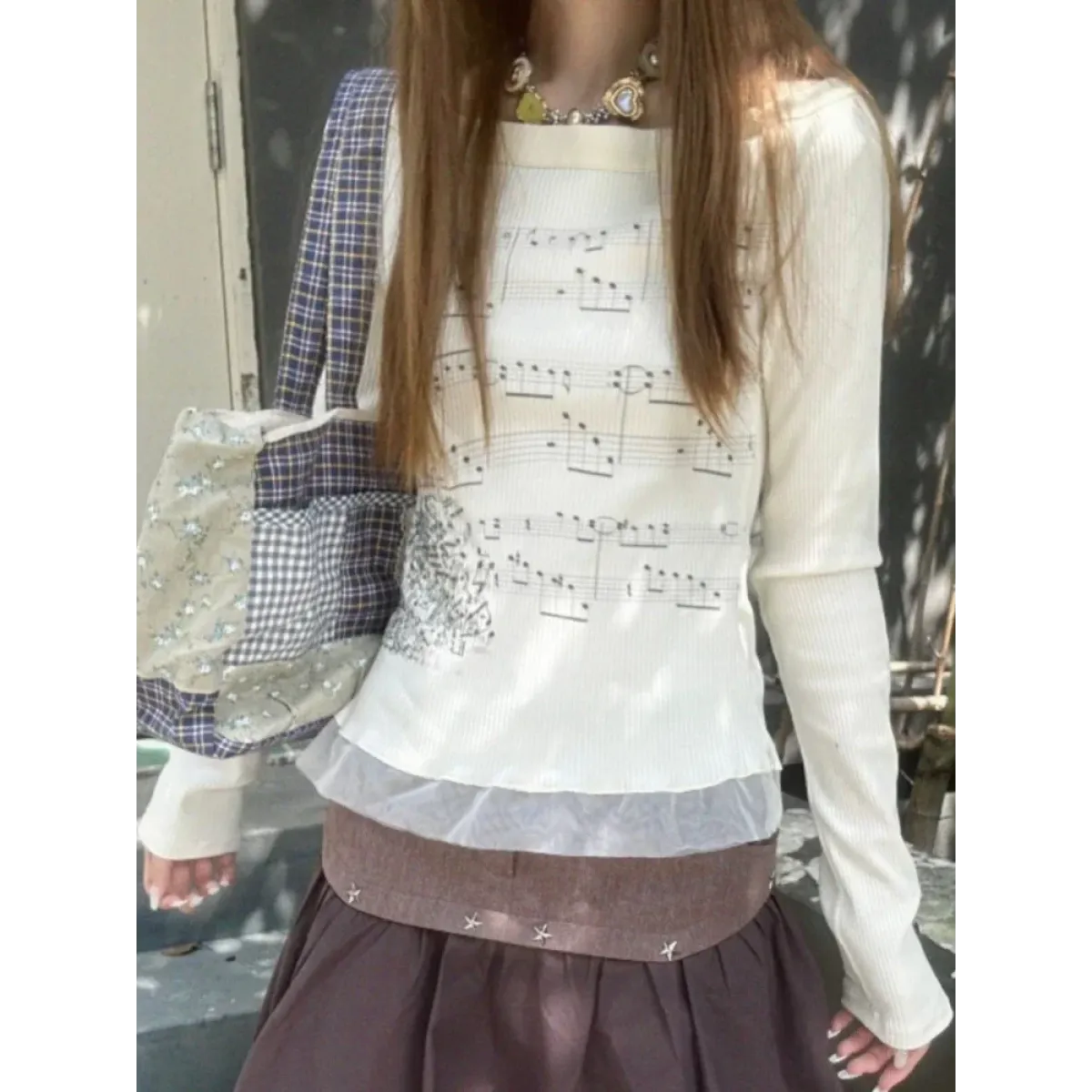 Y2K Aesthetic Long Sleeve Crop Top – Lace Grunge Print T-Shirt