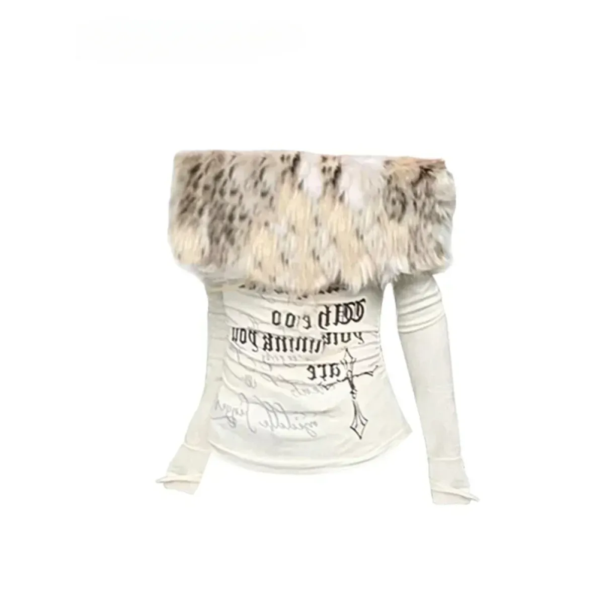 Y2K Coquette Off-Shoulder Top – Faux Fur Trim Long Sleeve