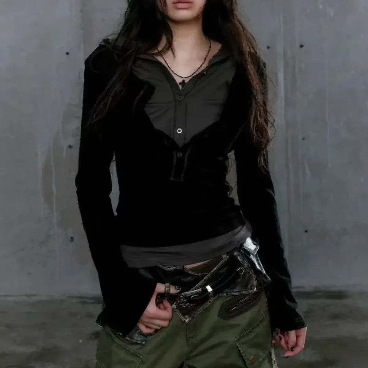 Patchwork Hooded Top – Y2K Cyber Grunge Slim Fit Knit Pullover