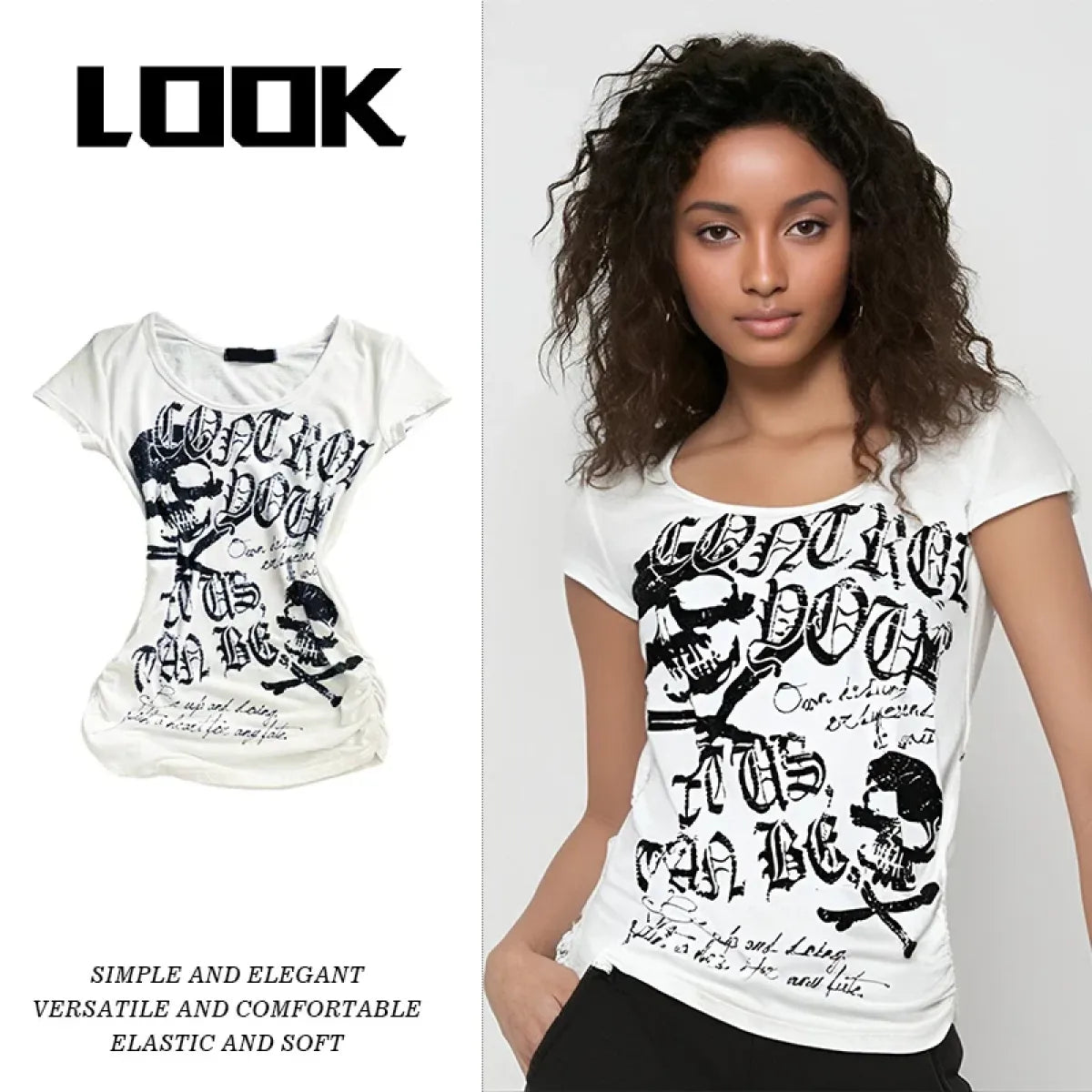 Y2K Gothic Punk T-Shirt – Skeleton Print Slim Fit Tee