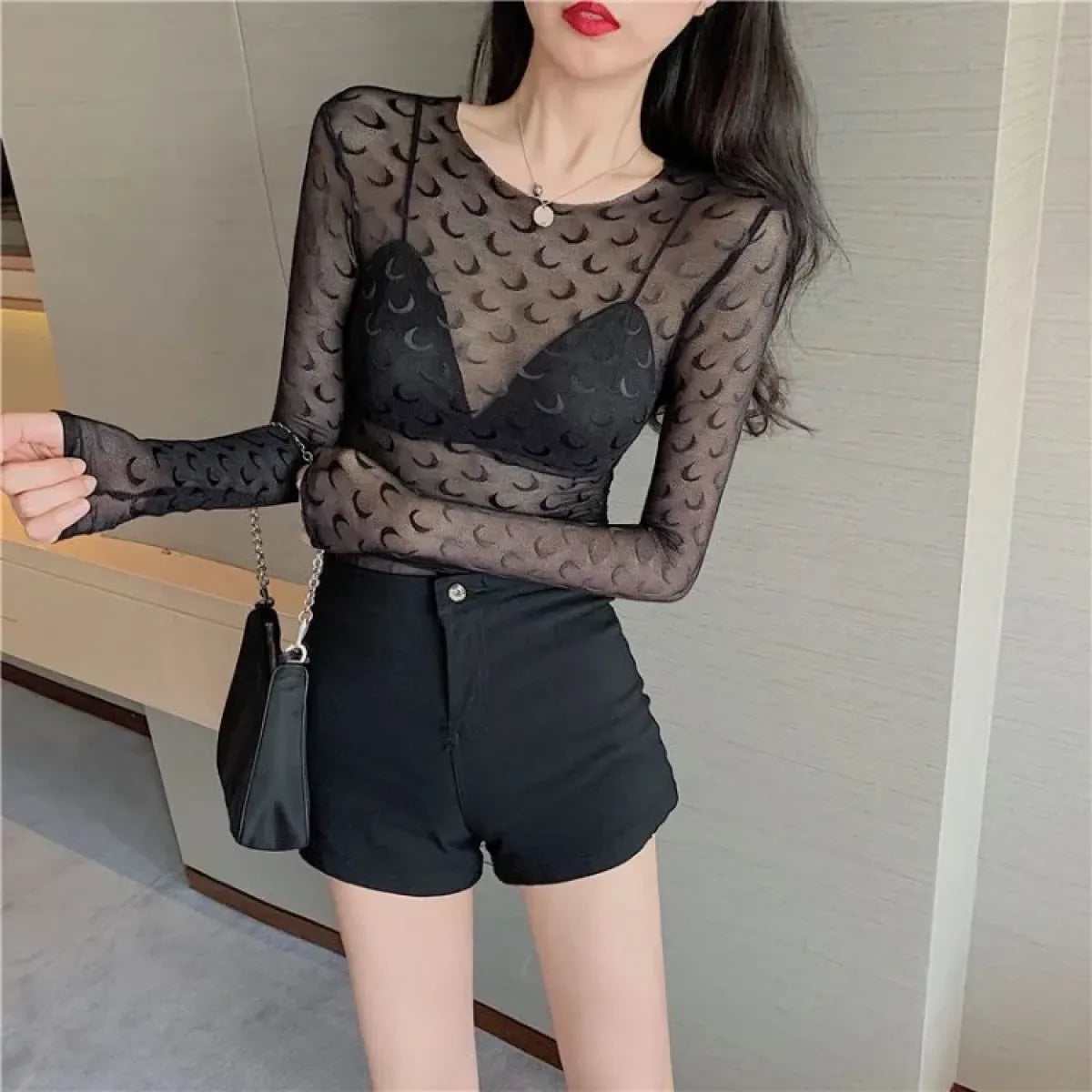 Moon Mesh Top – Y2K Grunge Long Sleeve Slim Fit Tee