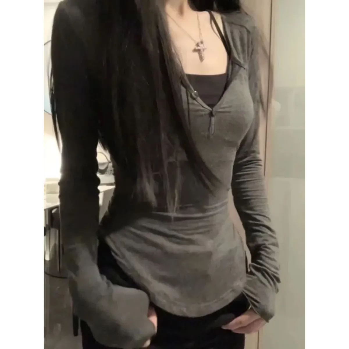 V-Neck Long Sleeve Tee โ Y2K Grunge Slim Fit Layered Top