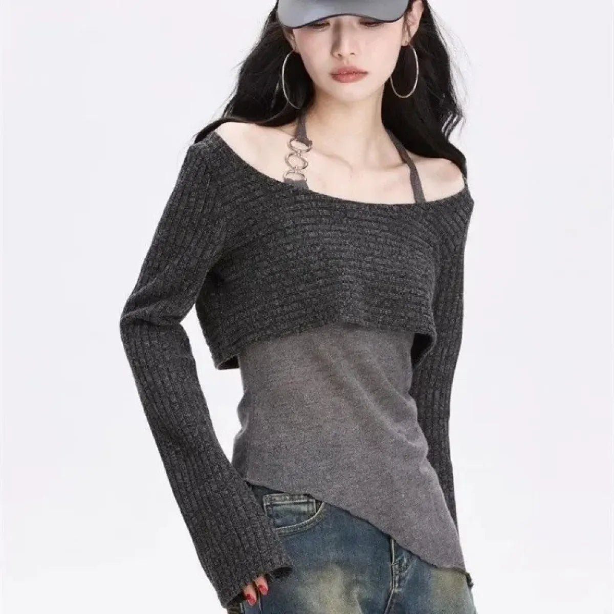 Gray Off-Shoulder Knitted Halter Top – Y2K Gyaru Asymmetric Crop Tee