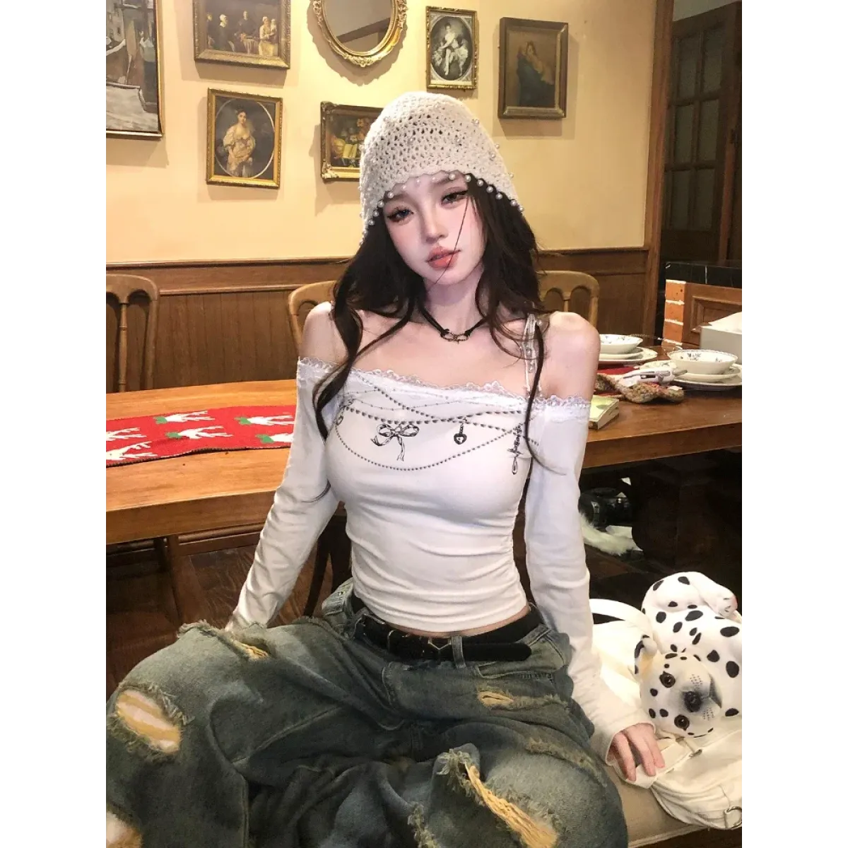 Lace Off-Shoulder Top – Y2K Harajuku E-Girl Aesthetic