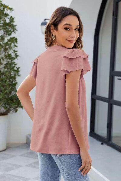 Ruffled Notched Short Sleeve Blouse for Women Fashion