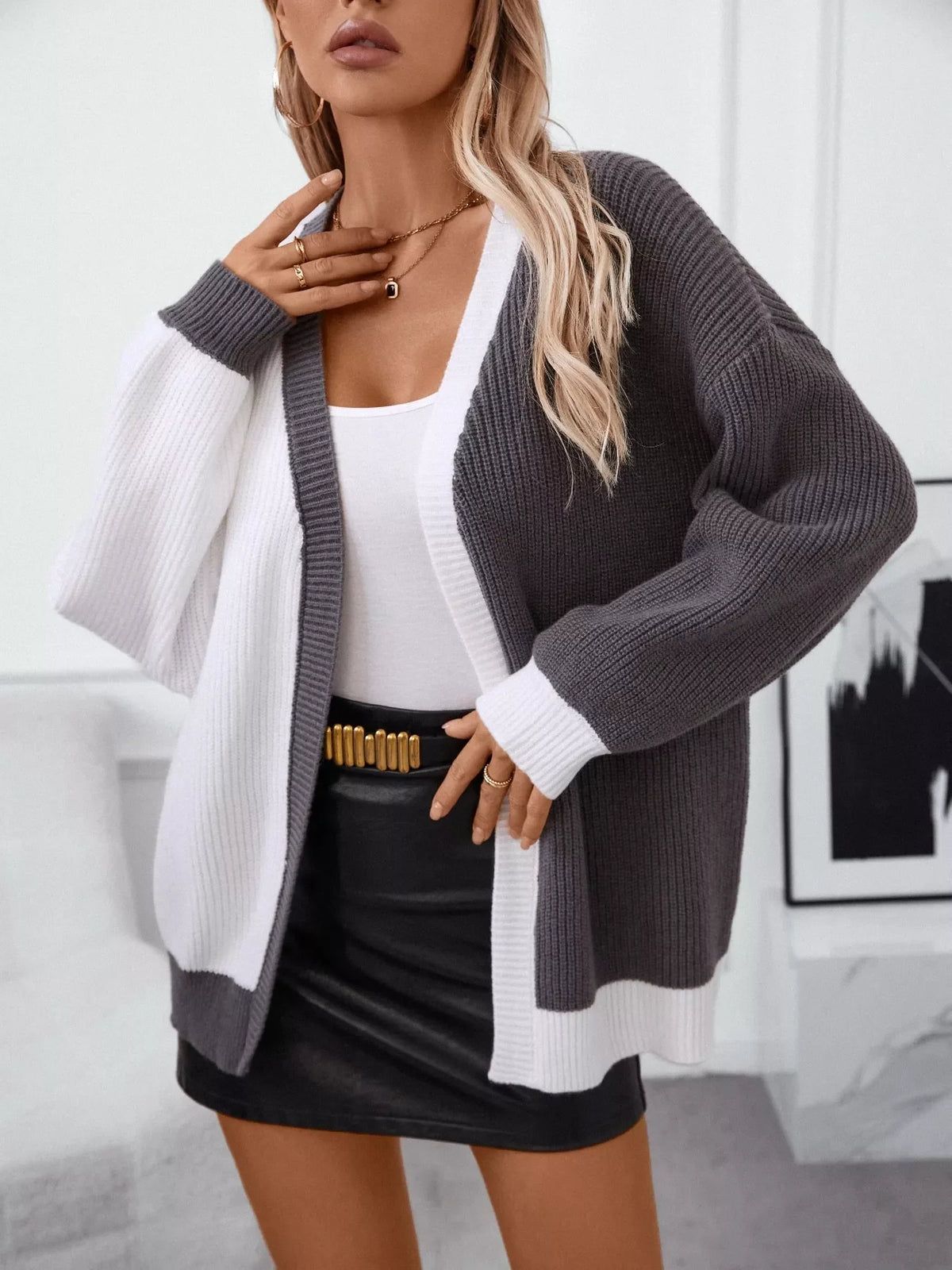 Color Block Open Front Knit Cardigan