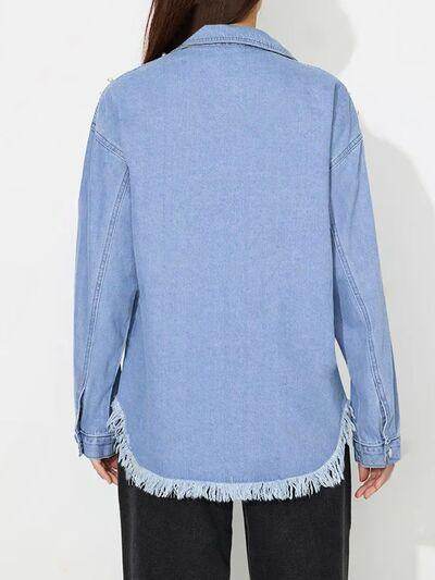 Raw Hem Pearl Trim Collared Neck Denim Top for Women