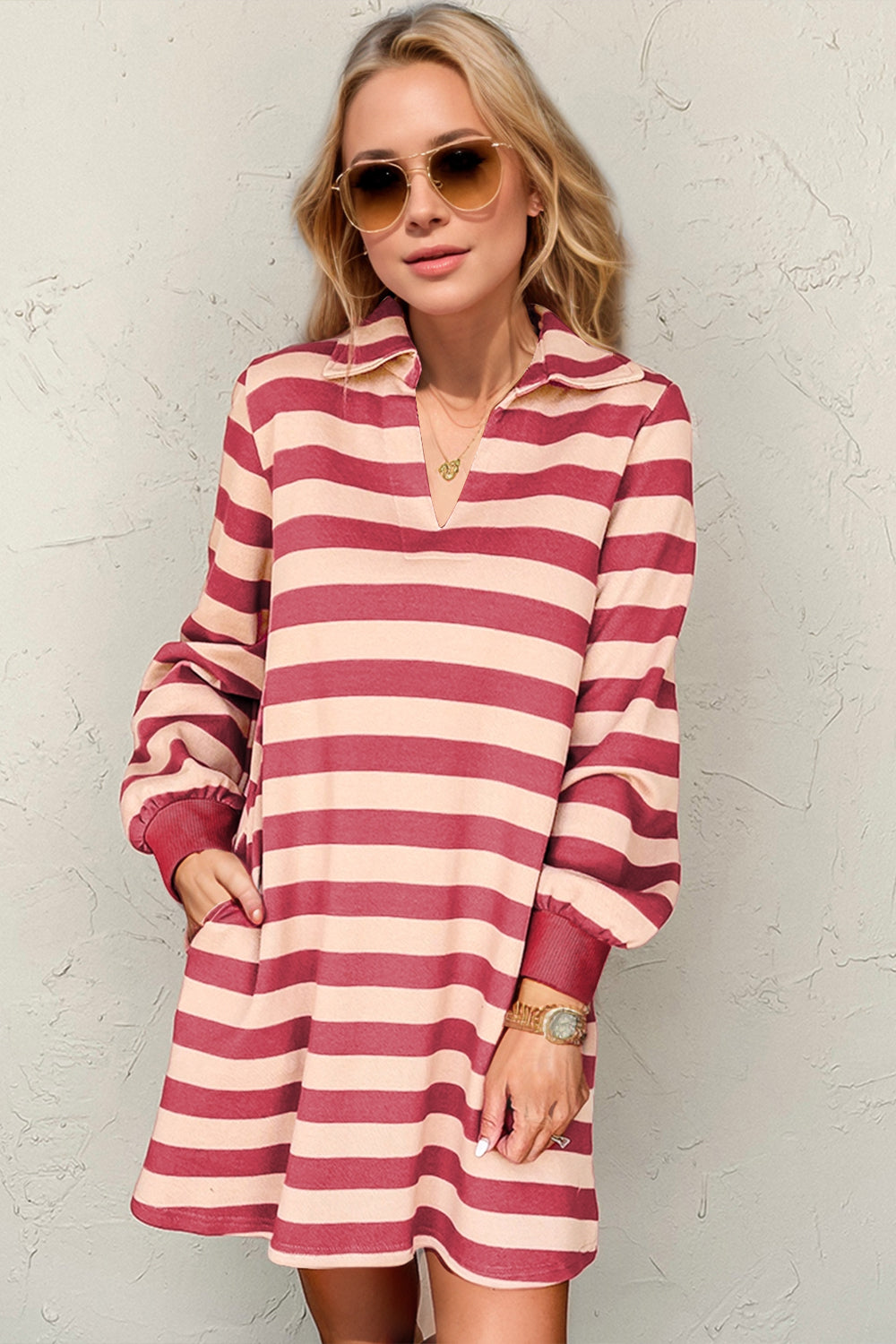 Deep Rose Full Size Striped Contrast Collared Neck Long Sleeve Dress Modern &amp; Stylish Women’s Wear