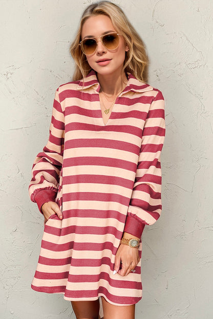 Deep Rose Full Size Striped Contrast Collared Neck Long Sleeve Dress Modern &amp; Stylish Women’s Wear