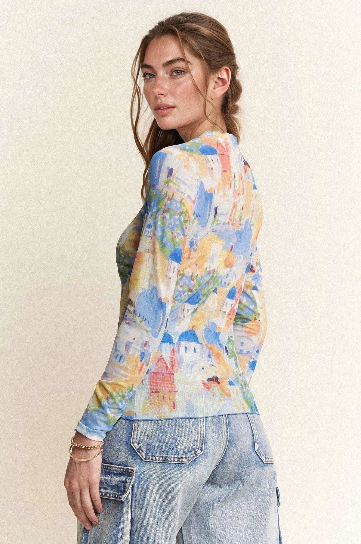 Davi &amp; Dani Multi Printed Mesh Round Neck Long Sleeve Top