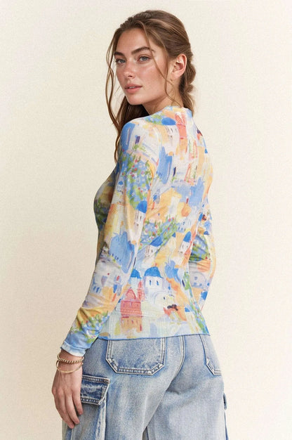 Davi &amp; Dani Multi Printed Mesh Round Neck Long Sleeve Top