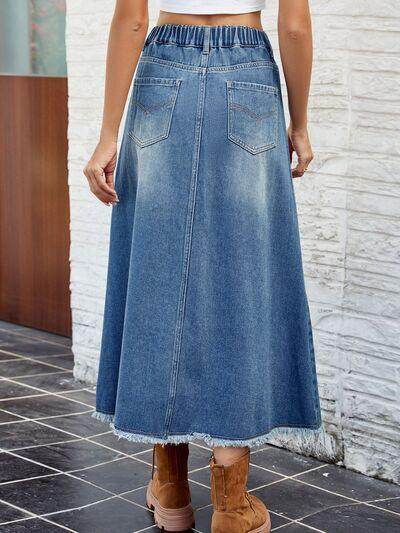 Raw Hem Buttoned Denim Skirt with Pockets for Women