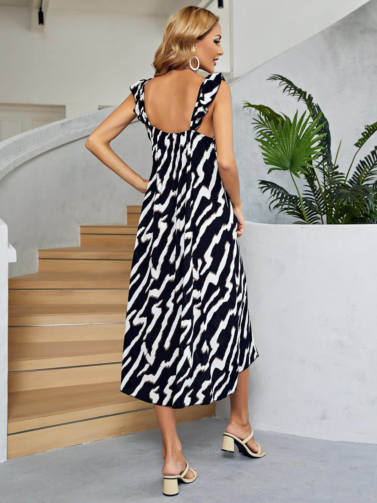 Chic Two-Tone Low Back Midi Dress with Ruffle Neckline