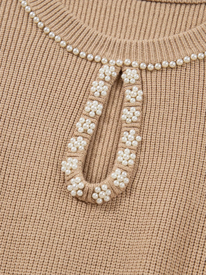 Pearl Embellished Keyhole Ribbed Sweater Dress