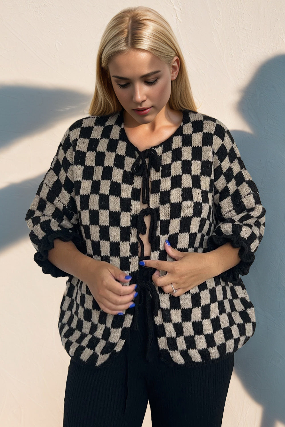 Back To School Sweater - Double Take Tied Checkered Dropped Shoulder Flounce Sleeve Cardigan