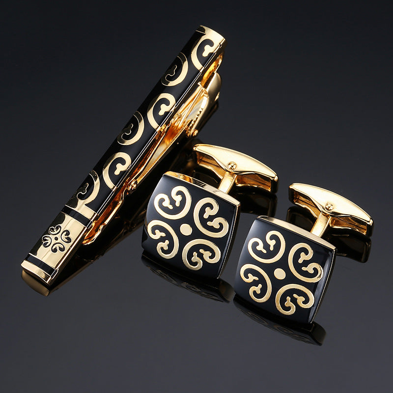 Gold And Silver Black Crystal Rose Enamel Pattern Batch Flower Tie Clip Cuff Buckle Set