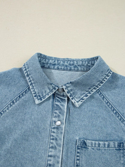 Smocked Cuffs Flared Denim Shirt Mini Dress