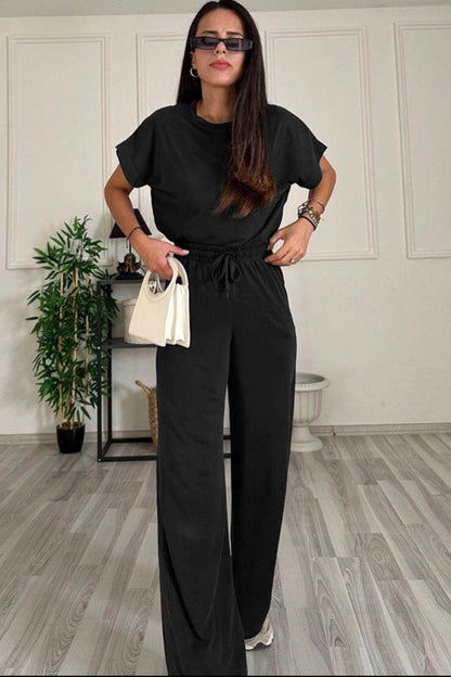 Round Neck Short Sleeve Top and Drawstring Pants Set for Women