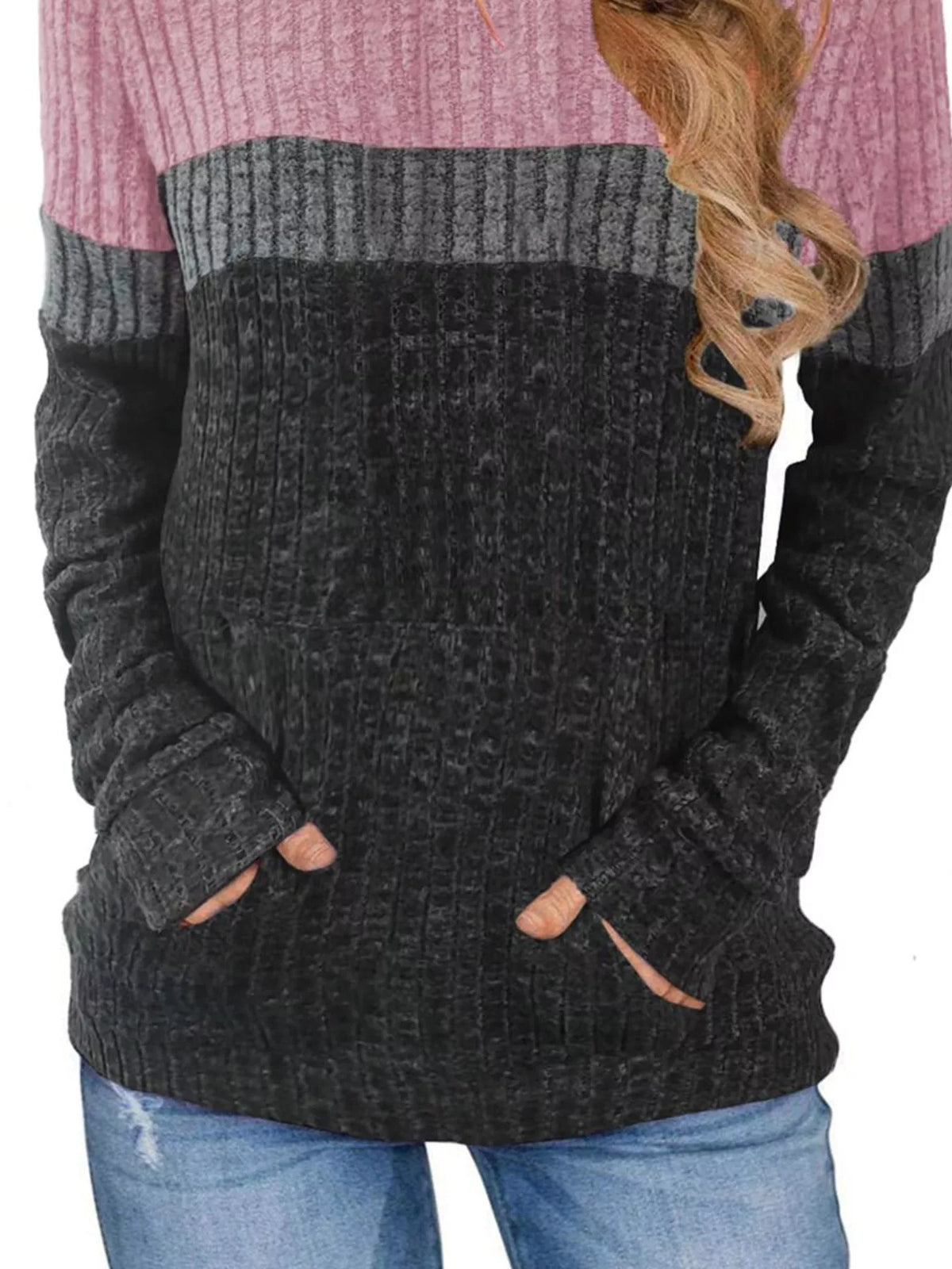 Full Size Color Block Ribbed Knit Hoodie Plus Size