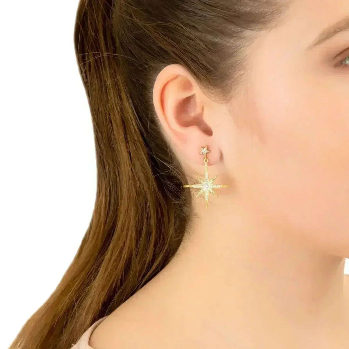 Petite Star Burst Drop Earrings | Gold CZ Celestial Jewelry - Femstylo