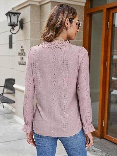 Lace Detail Eyelet V-Neck Flounce Sleeve Blouse for Women
