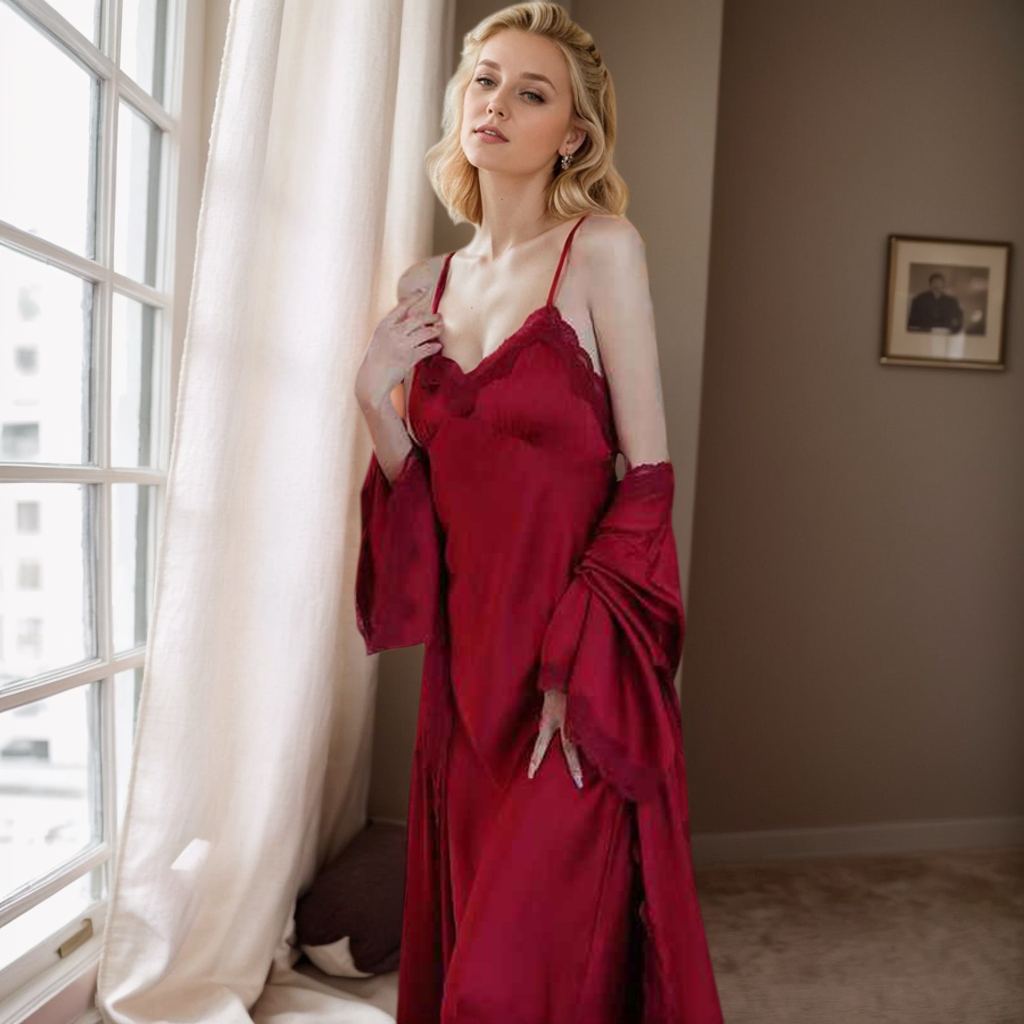 Luxury Satin &amp; Lace Long Nightgown with Robe – Elegant Loungewear