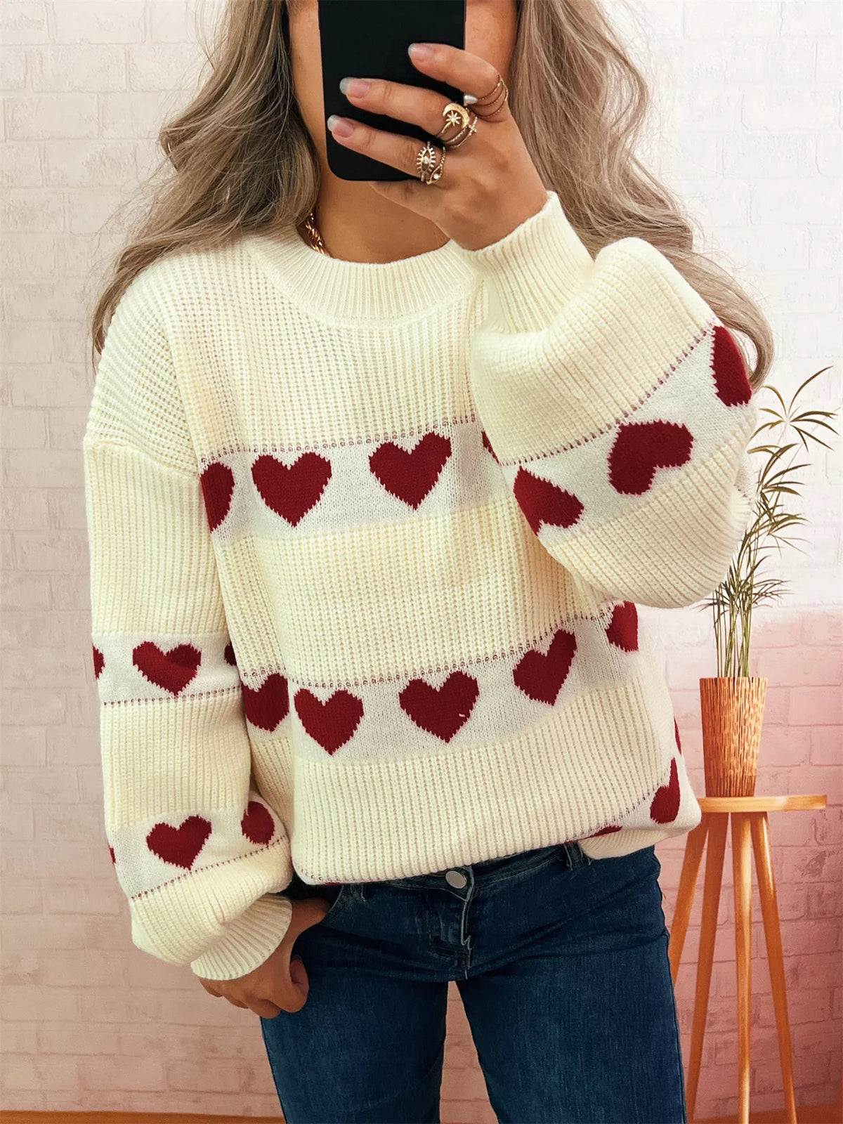 Heart Pattern Dropped Shoulder Sweater