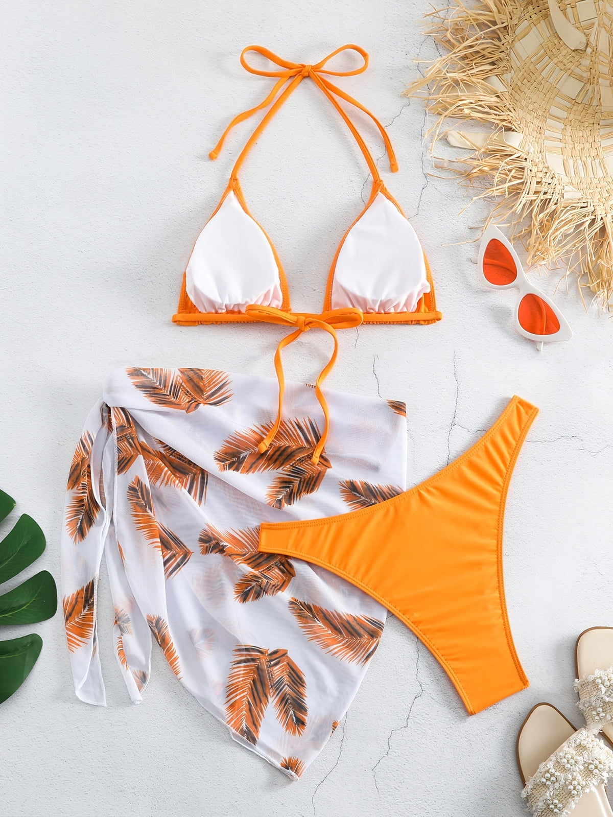 Feather Luxe 3-Piece Bikini Set – Exotic Feather Print Halter Neck Backless Swimsuit with High Cut Tie Back Bottoms and Wrap Cover-Up – Women’s High-Stretch Comfortable Swimwear for Summer Beach &amp; Pool Vacations