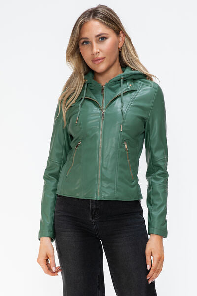 Women Classic Snobbish Faux Leather Zip-Up Drawstring Hooded Jacket Edgy &amp; Casual PU Leather Jacket For Streetwear