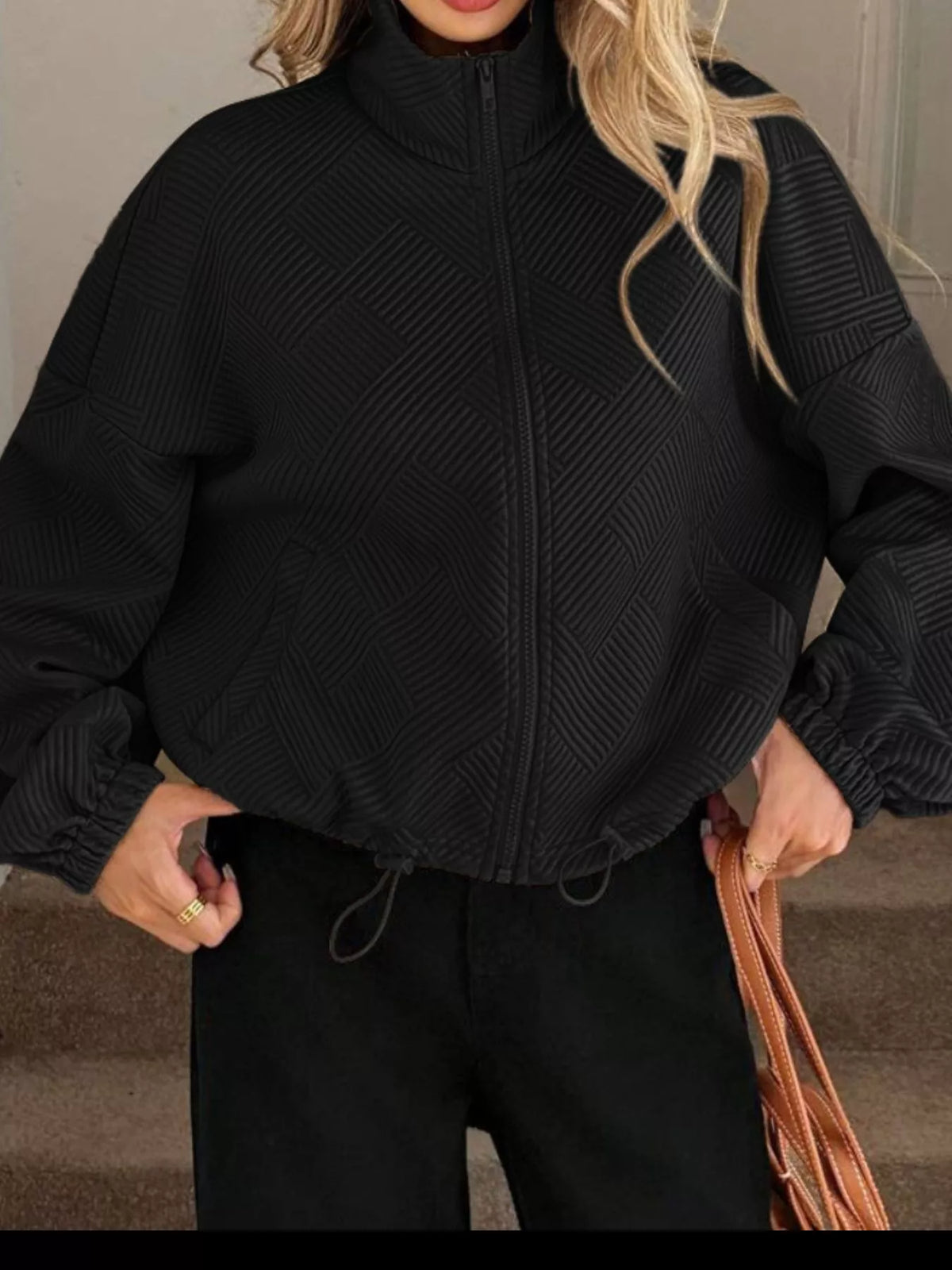 Textured Zip-Up Drawstring Hem Jacket