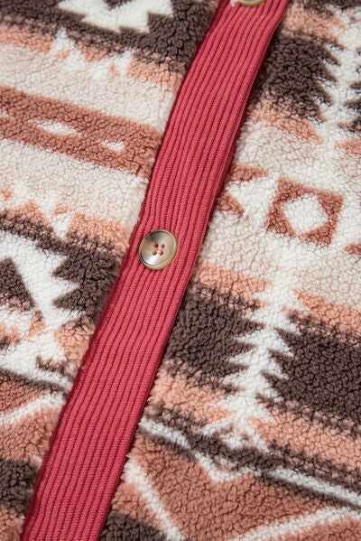 Retro Unique Geometric Print Corduroy Trim Button-Up Jacket Classic Modern Deep Rose Jacket