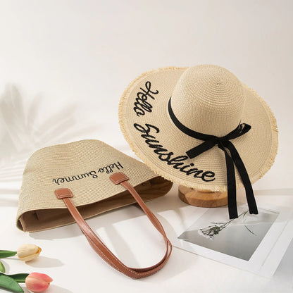 Straw Hat &amp; Tote Set – Beach Vacation Sun Protection Duo, Large Capacity Travel Tote